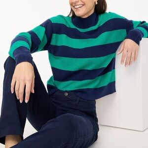 J Crew Factory Rugby Stripe Mockneck Sweater in Extra Soft Yarn Blue/Green M NWT